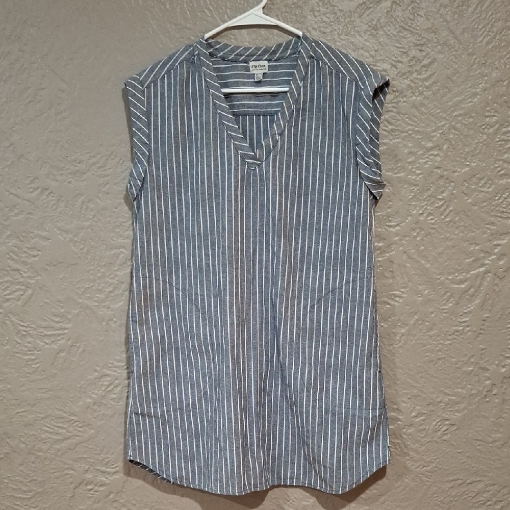 Rhythm Blue and White Mandarin Collar Tunic Blouse